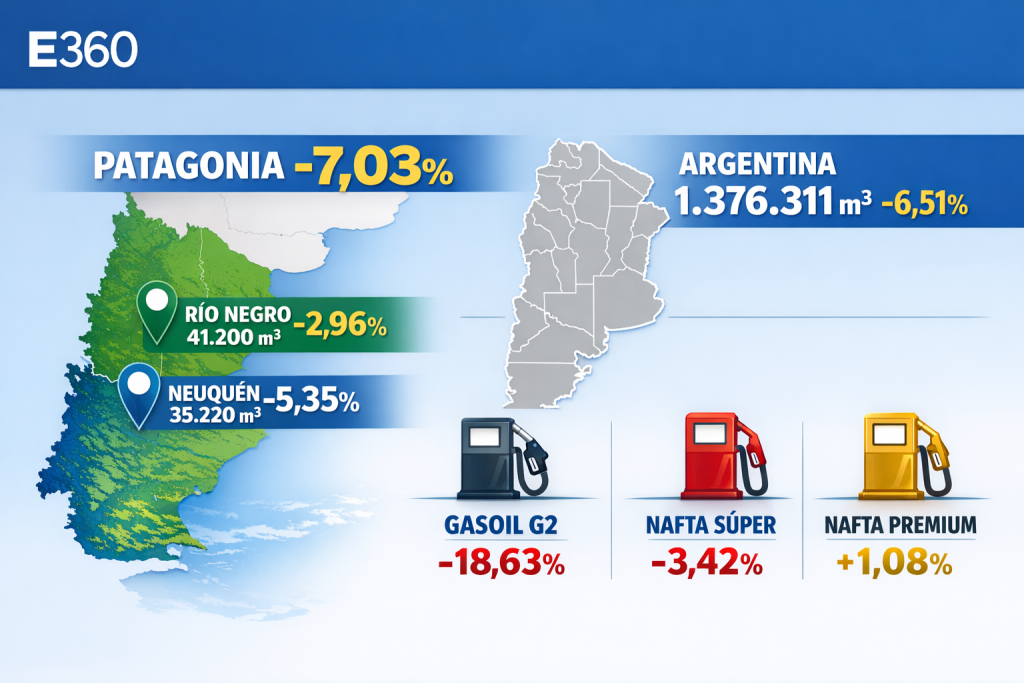 Venta de combustibles en la Patagonia: cayó 7% en noviembre 2025 y Río Negro fue la que menos bajó