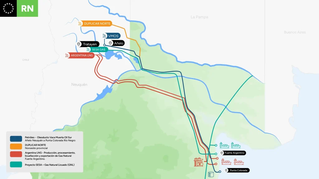 De Vaca Muerta al Atlántico: la historia del corredor energético que Río Negro construye con VMOS, Duplicar Norte, Argentina LNG y el poliducto industrial